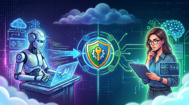 Illustration of an AI agent and a human developer around a shield symbolizing governance, rules, and secure collaboration